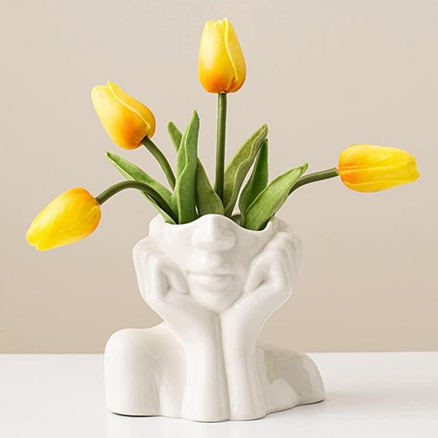 DHYXZCA White Ceramic Face Vase, Female Form Head Half Body Bust Vases Boho Feminist Minimalism Decorative Modern Nordic Style Flower Vase for Home Living Room Office Décor (W 5.5" x H 4.5")