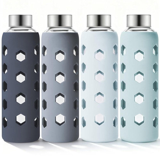 Mrsdry Glass Juice Bottles with Lids and Silicone Sleeves 18 oz, 4-Pack Reusable Clear Glass Water Bottles with Stainless Steel Airtight Cap for Juicing, Refrigerator, BPA Free Leak-Proof Drinking Jar