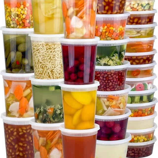 Dipoo 60 Sets (120-Piece) Deli Containers with Lids, 32/16/8 oz X 20 Set Each, Leak-Proof & BPA Free Airtight Takeout Plastic Food Storage Containers for Soup, Freezer/Microwave/Dishwasher Safe