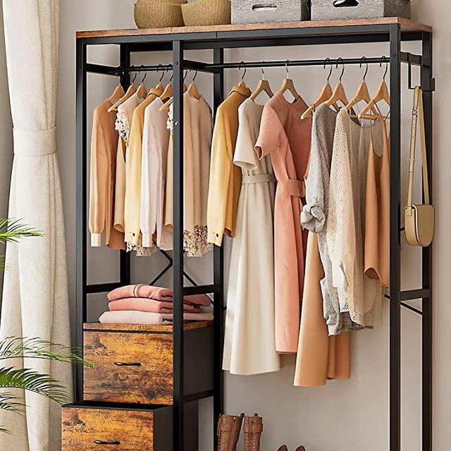 Lulive Clothes Racks, Heavy Duty Garment Rack for Hanging Clothes, Industrial Clothing Racks with Shelves, 2 Fabric Drawers, 4 Hooks, 2 Hanging Rods, Freestanding Closet Organizer, Rustic Brown