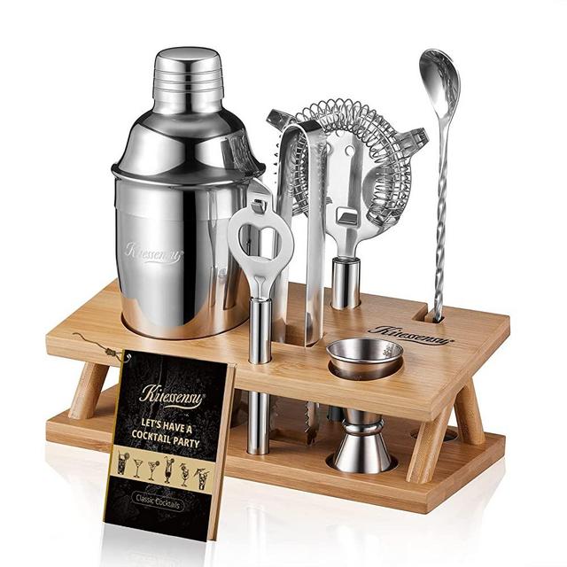 KITESSENSU 6-Piece Bar Set Cocktail Shaker Set - Mixology Bartender Kit with Stand - Silver Bar Kit for Drink Mixing - Bar Tools: Martini Shaker, Jigger, Strainer, Bar Spoon, Tongs, Opener