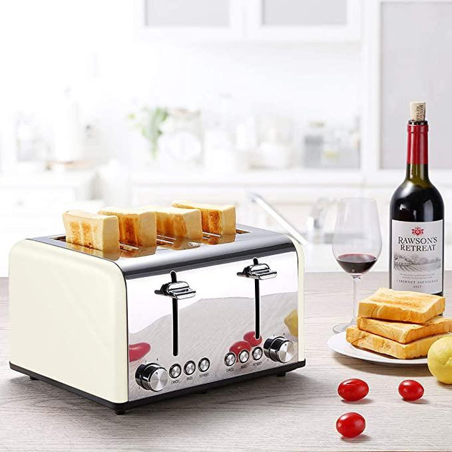 Toaster 4 Slice, CUSIBOX Retro Stainless Steel Extra Wide Slots Toaster with Bagel, Defrost, Cancel Function, 6 Bread Shade Settings, 1650W, Cream