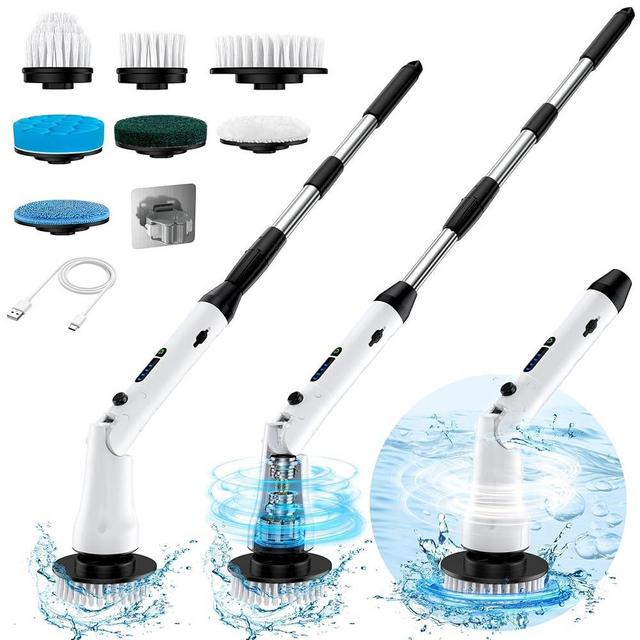 Electric Spin Scrubber, Shower Scrubber with Long Handle, IPX7 Waterproof Bathroom Cleaner Brush, Cordless Electric Cleaning Brush with 7 Replaceable Brush Heads, 2 Speeds Scrubber for Floor Tile Tub