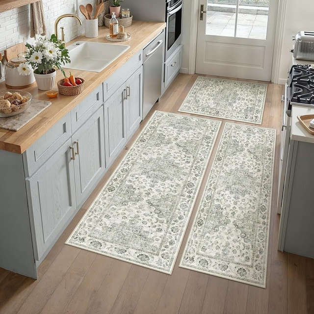 WondRg Neutral Kitchen Rug Set of 3 Washable Green Vintage Kitchen Mats for Floor Kitchen Runner Rug Soft Low Pile for Living Room Indoor Entryway Hallway Sink