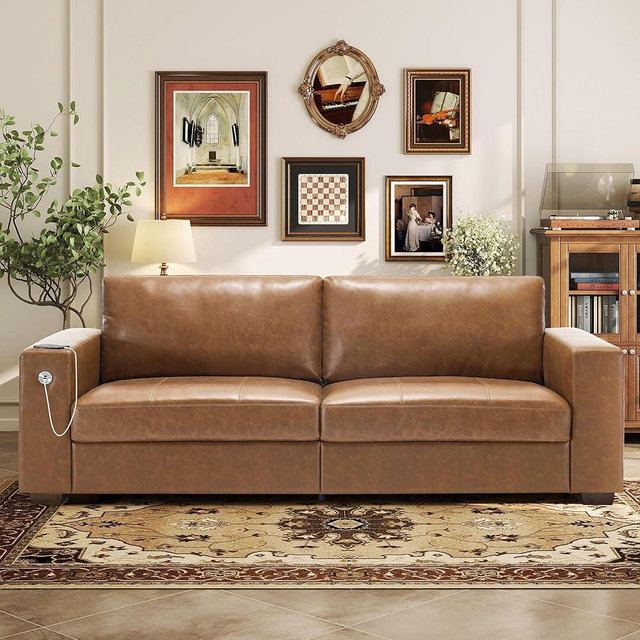 Faux Leather 89" Sofa for Living Room, Modern Comfy Sofa with Medium Firm Seat Cushion, Removable Cover,Wide Armrest,USB/Type-C Port,Couches for Small Space,Apartment