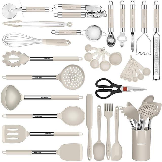 Kitchen Utensils Set-Silicone Cooking Utensils-32pcs Non-Stick Silicone Cooking Kitchen Utensils Spatula Set with Holder-Best Kitchen Cookware with Stainless Steel Handle (Khaki)