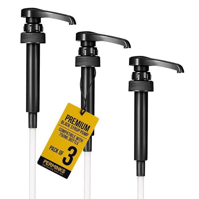 PERMINKS Premium Black Syrup Pump 3-Pack - For Torani Syrup Pump 750ml & Davinci Syrups, Snow Cone Pump, Bar & Barista Syrup, Coffee Flavoring Syrup Pump, Vanilla Syrup - No Spill No Clog & Dripping