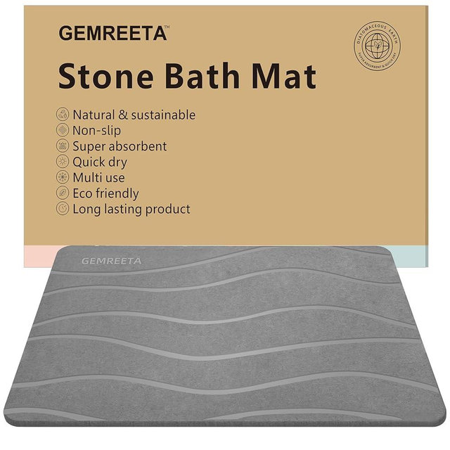 GEMREETA Stone Bath Mat Diatomaceous Earth Shower Rug Non-Slip Super Absorbent Quick Drying Bathroom Floor or Kitchen Mat Natural Luxury Diatomite Quickly Removes Water Easy to Clean 23.6''x 15.4''