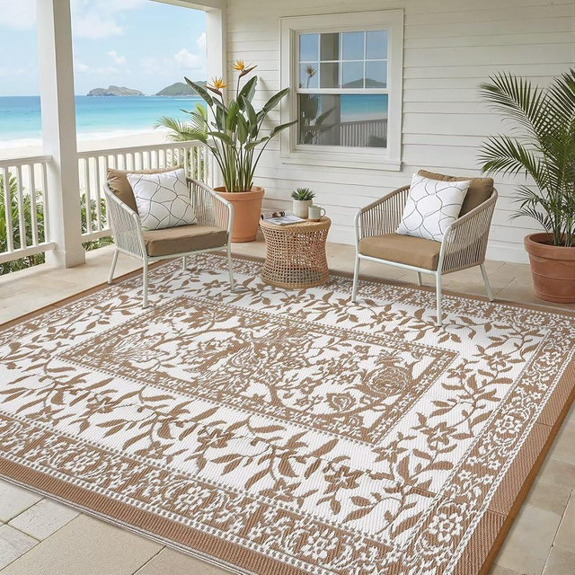 Garvee Outdoor Rug 5x8, Waterproof Reversible Foldable Plastic Straw Rug, Botanical cottagecore Outdoor Rugs Patio Camping RV Carpet for Deck Camper Porch Balcony Backyard Picnic Beach Coffee