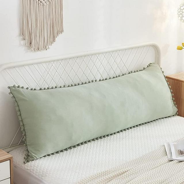 Sage Green Body Pillow Cover 20x54inches Boho Chic Pom Poms Fringe Decor Body Pillow Case Cover with Pocket Closure(Body,Sage Green)
