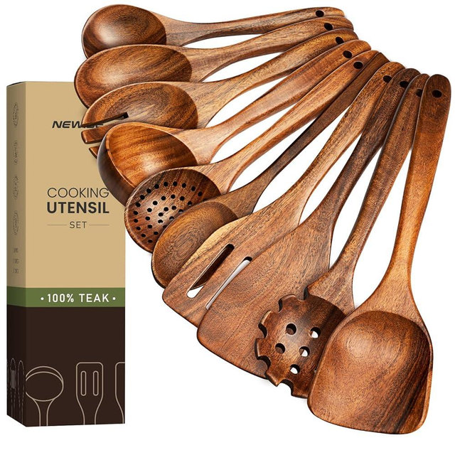 10 Pcs Wooden Utensil Set - Teak Wooden Spoons for Cooking, Non Toxic, Heat Resistant, Durable & Safe for Kitchen Nonstick Cookware