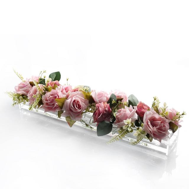 Rectangular Floral Centerpiece for Dining Table - 24 Inches Long Rectangle Vase - Acrylic Modern Vase - Low Laying Unique Flower Vases for Home Decor or Weddings (LED Clear)