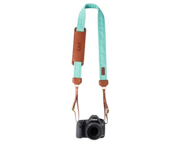 Personalized Seaside Fotostrap | Turquoise Canvas & Genuine Leather Camera Shoulder Neck Strap | DSLR, Mirrorless | Best Photographer Gifts