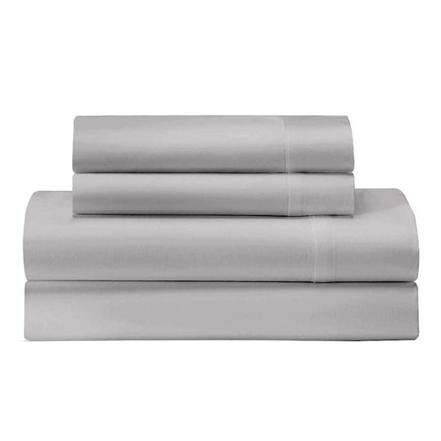 Feather & Stitch 300 Thread Count 100% Cotton Percale Weave Bed Sheets + 2 Pillowcases, Fits Mattress 16'' Deep Pocket, Luxury Breathable 4 Piece Bedding Set (Grey Queen)