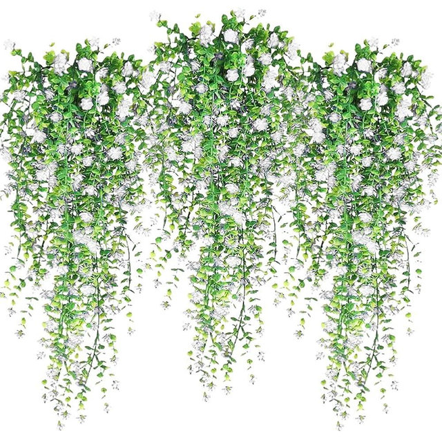 Artificial Hanging Flowers, 3 Pcs Fake Hanging Plants Decor, Artificial Vines for Outdoors, UV Resistant No Fade Artificial Fake Hanging for Indoor Decoration Outdoor Porch Courtyard (White)