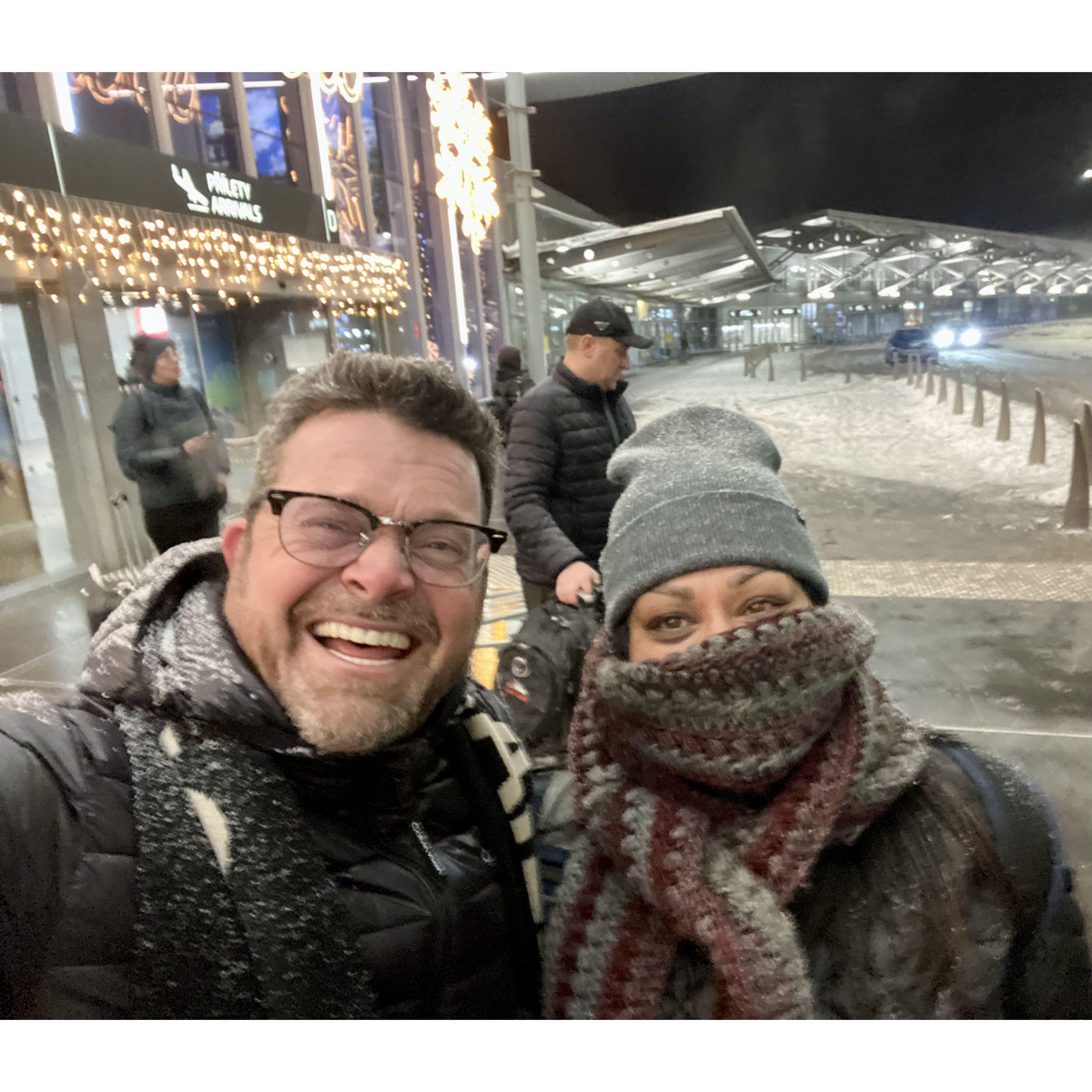 Arrival in Prague. He thought the snow was great fun. Did she?
