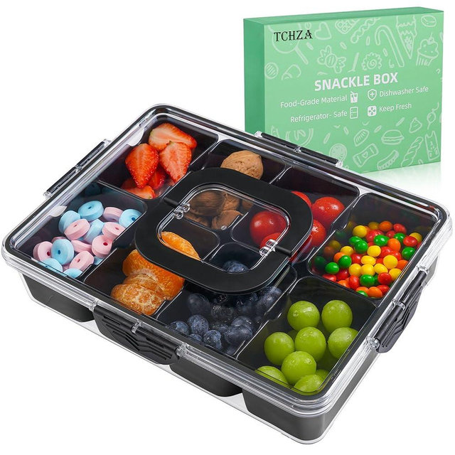 Snackle Box Container, Dishwasher Safety - Divided Serving Tray with Lid and Handle, Charcuterie Board for Portable Snack Platters - Organizer for Fruits Snacks - Perfect for Road Travel - Black