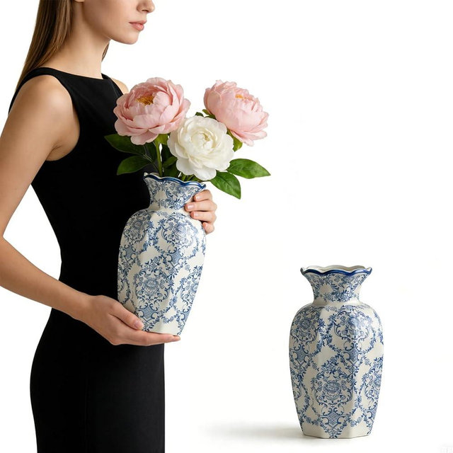 Blue and White Vase, Chinoiserie Vase – Floral Pattern Ceramic Decor Piece for Home Living Room