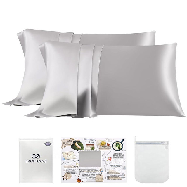 PROMEED 23 Momme Silk Pillowcase 2 Pack with Zipper, 3rd Gen Grade 6A+ 100% Mulberry Silk Pillow Case Set of 2, Cooling Pillow Cases for Hot Sleepers (Queen 20"x30", Light Grey)