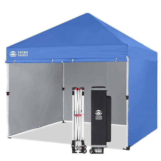 CROWN SHADES Pop Up Canopy Tent, 8x8 Commercial Canopy Tent with 4 Sidewalls, 4" Wheels, 4 Upgraded Weights, Patented Centerlock, 400D Fabric, Sto'N Go Bag, Blue