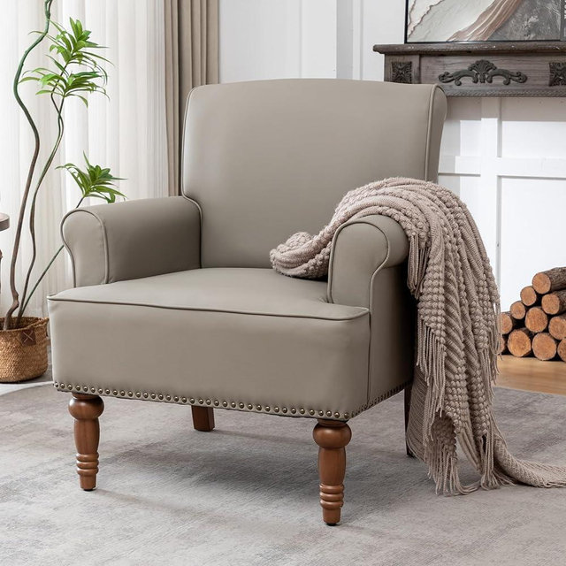 HOMEFLEX Accent Chair, Faux Leather Living Room Chairs with Nailhead Trim, Mid-Century Lounge Armchair with Solid Wood Legs, Comfy Reading Single Sofa for Bedroom, Waiting Room (Grey, 2 Chairs)
