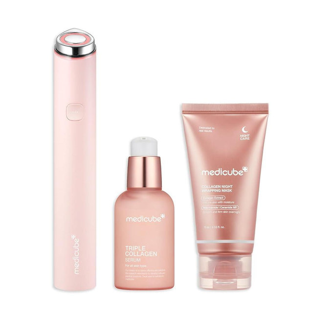 medicube Ultimate Pink Glow Skincare Trio: Mini Booster Pro Pink and Collagen Overnight Wrapping Peel Off Facial Mask Pack and Triple Collagen Serum 1.85 fl.oz (50ml)