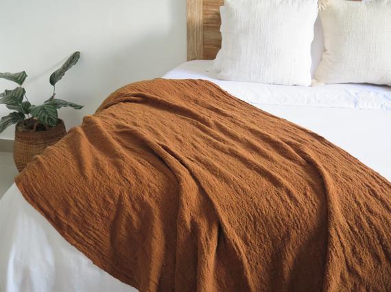 Handwoven hand dyed rust raw cotton throw blanket 94x47, (240x120 cm)