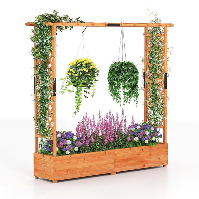 HAPPYGRILL Raised Garden Bed with Trellis, Freestanding Wood Planter Box w/Hanging Roof & Drainage Holes for Vine, Climbing Plants, Flowers, Outdoor Planter with Trellis for Garden, Patio, Yard (1)