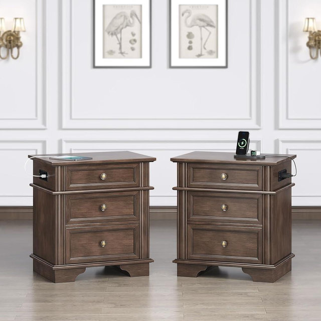 VINGLI Brown Nightstand Set of 2, Night Stand with Charger Station, Wood Nightstand with Textured Drawers, Large Nightstand, 3 Drawer Nightstand, Bedroom Nightstand, Bedside Table, Side Table
