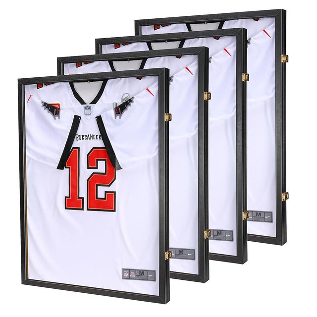 GUTAG Jersey Wooden Frame Display Case -Shadow Box with UV Protection for Baseball Basketball Football Hockey Sport Shirt and Uniform (Black, 4 Packs)