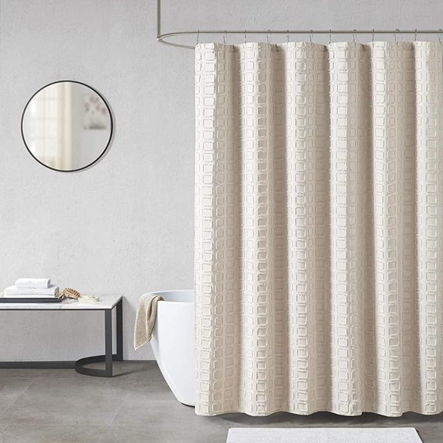 Madison Park Metro Bathroom Shower, Textured Woven Clipped Design Modern Mid-Century Privacy Bath Fabric Curtains, 72"x72", Sand