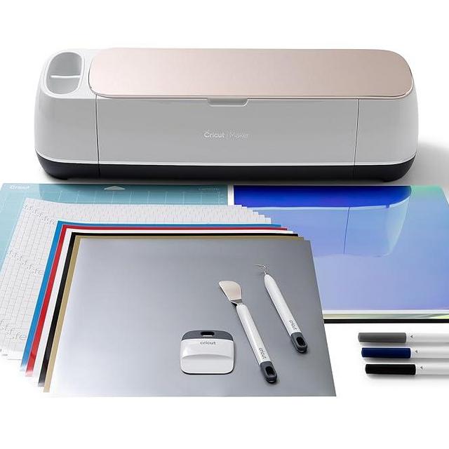 Cricut Maker Bundle, Includes Cricut Maker Cutting Machine, Iron On Vinyl, Premium Vinyl - Permanent, Holographic Iron On Vinyl, Transfer Tape, Cutting Mats, Tool Set, Crafting Accessories, Champagne