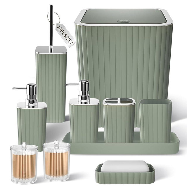 XLHOMO Bathroom Accessories Set - Gorgeous Sage Green Bathroom Set, 10PC Bathroom Accessory Set, Toilet Brush, Trash Can, Qtip Holder Dispenser & Soap Dispenser