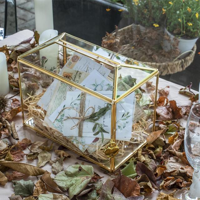 Large Geometric Glass Card Box Terrarium with Slot, Heart Lock, Foot, Gold Handmade Brass for Wedding Receiption Wishwell Keepsake