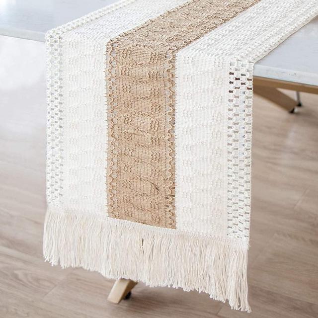 OurWarm Macrame Table Runner Farmhouse Style, Burlap Table Runner Splicing Cotton Boho Table Runner with Tassels for Bohemian Rustic Wedding Bridal Shower Home Dining Table Decor, 12 x 108 Inch