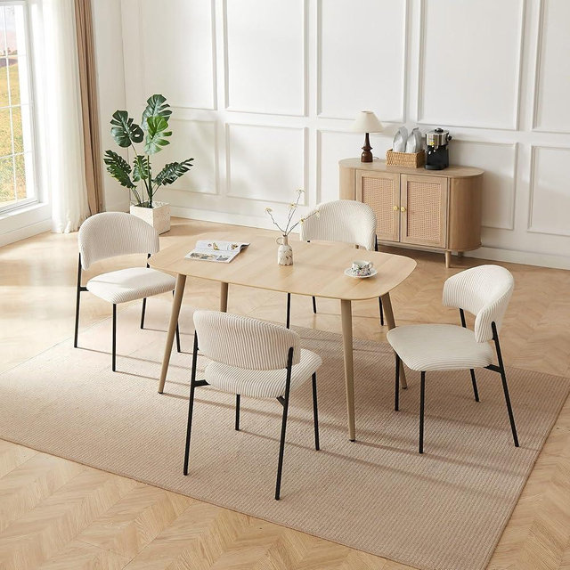 HIPIHOM 55 Inch Cat Scratch Resistant Dining Table Set for 4 - Modern Wood Table & White Leather Chairs, Kitchen & Dining Room Furniture 4 Seater Set (55.1")