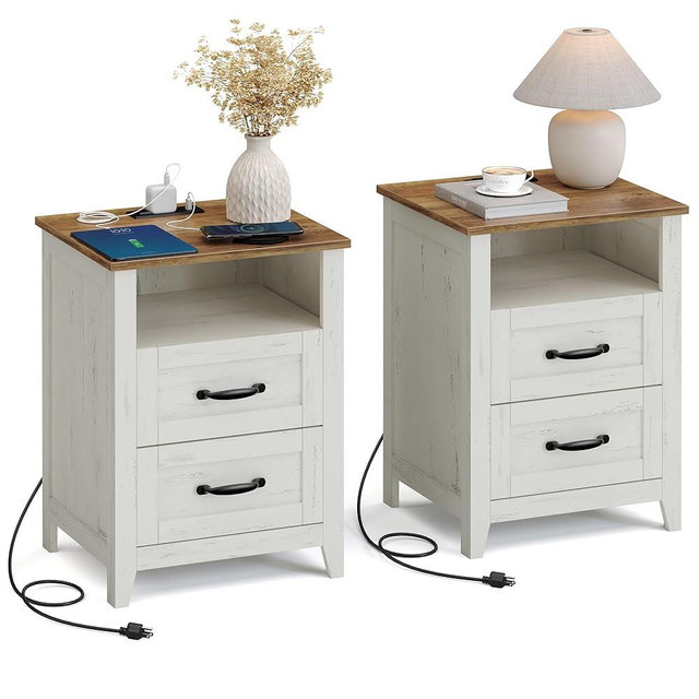 VASAGLE LIRY Collection - Farmhouse Nightstands with Charging Station, Set of 2 Bedside Tables, Side Tables with 2 Drawers, Open Compartment, for Bedroom, Rustic White and Honey Brown ULET869W01