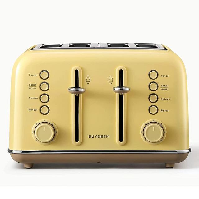 BUYDEEM DT-6B83 4-Slice Toaster, Extra Wide Slots, Retro Stainless Steel with High Lift Lever, Bagel and Muffin Function, Removal Crumb Tray, 7-Shade Settings (Mellow Yellow)