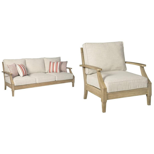 Signature Design by Ashley Clare View Coastal Outdoor Patio Eucalyptus Sofa + Lounge Chair Bundle, Beige