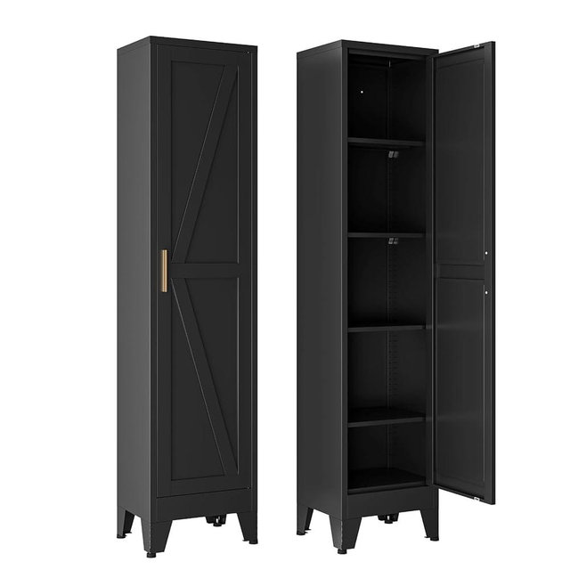 YNIQUESTLE 67" Tall Storage Cabinet with Reversible Doors and Adjustable Shelves,Metal Slim Freestanding Cabinets for Bathroom Kitchen Garage Small Spaces,Black