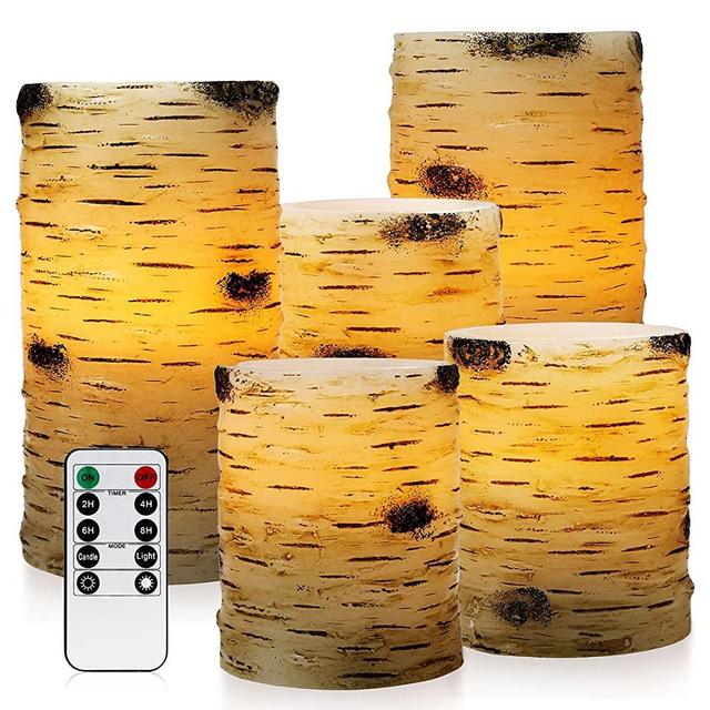 Pandaing Set of 5 Pillar Birch Bark Effect Flameless LED Candles with 10-Key Remote Control and 2 4 6 or 8 Hours Timer Function
