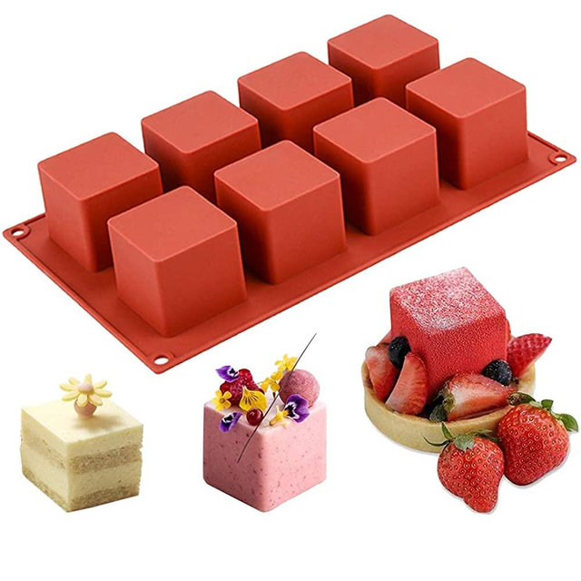 JOERSH 3D Square Silicone Mold | 2" x 2" x 2" Square Mousse Cake Baking Mold Dessert Molds for Cheesecake/Jelly/Brownie/Soap/Candle (8-Cavity)