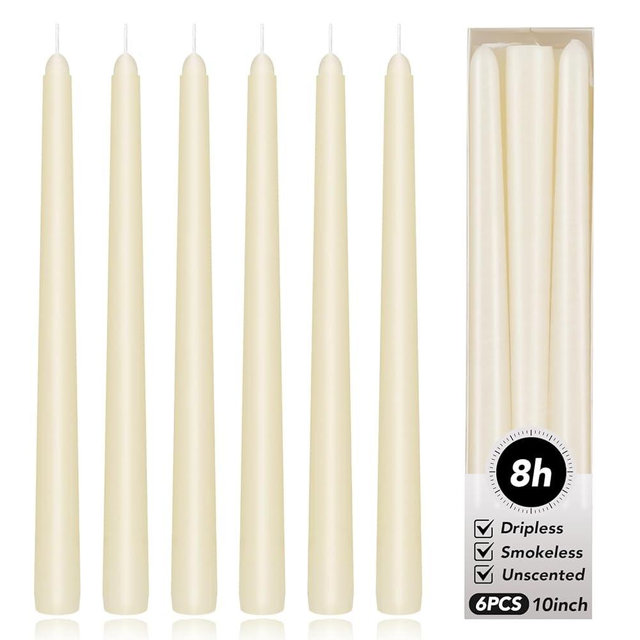 KORCCI Ivory Taper Candles 10 Inch - Set of 6 Long Candles, 8 Hours Long Burning, Smokeless & Unscented & Dripless, for Weddings, Birthdays, Dinner Parties, Rituals, Prayer, Birthdays, Meditation