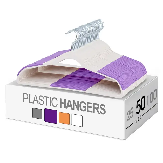 VECELO 50 pk Plastic Hanger 360° Swivel Hook Non Slip Coat Hangers with Magic Hangers & Tie Rack Purple