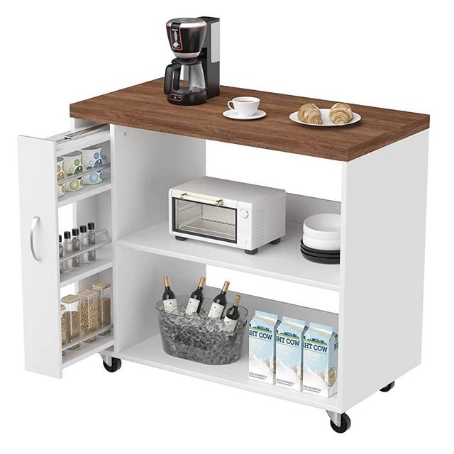 Visionwards Kitchen Island with Storage , Small Kitchen Island Cart on Wheels, Kitchen Microwave Cart with Storage Shelves and Slim Side Drawer, White