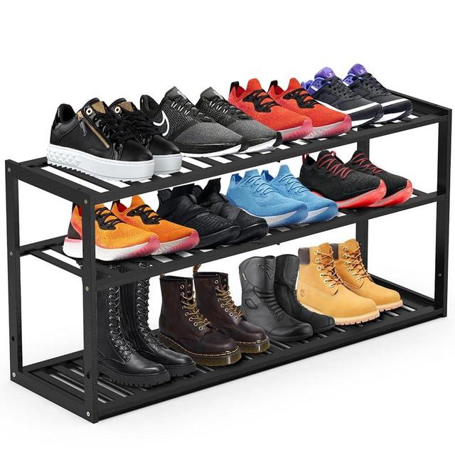 Jripae Bamboo Shoe Rack for Closet, Stackable 3 Tier Longer Shoe Organizer Shelf Holder Storage 12-15 Pairs for Entryway Door Hallway Bedroom Garage Space Saving Foldable Black, Christmas Gift
