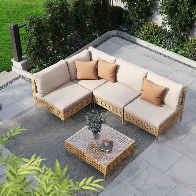 Grand patio 5-Piece Wicker Patio Furniture Set, All-Weather Outdoor Sectional Sofa with Water Resistant Beige Thick Cushions Coffee Table