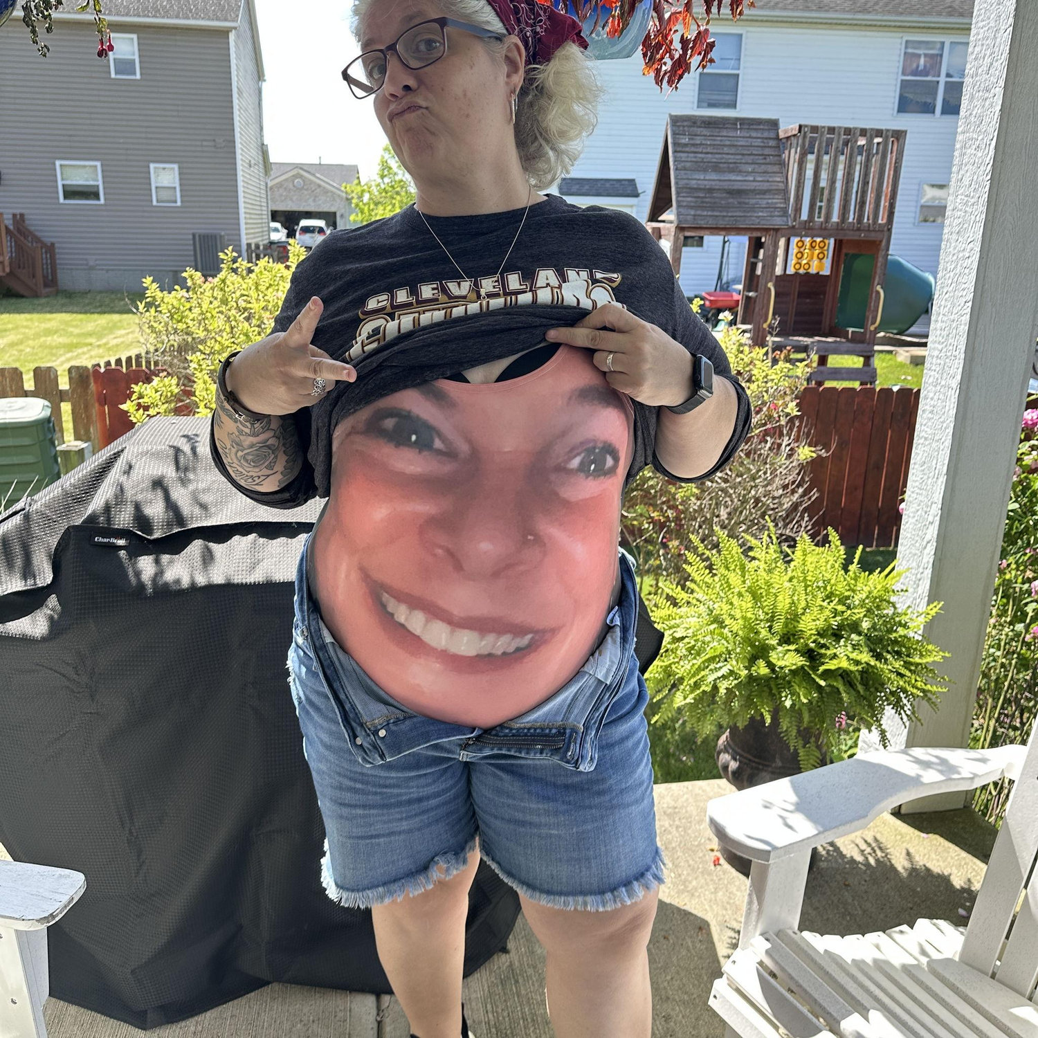 Get a swimsuit with Kristy's face on it. Check. Show the world in the creepiest way possible. Check check.