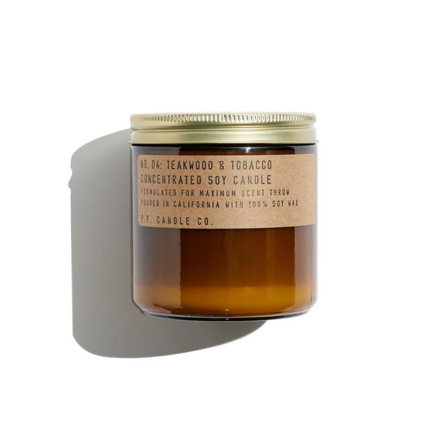 P.F. Candle Co. Teakwood & Tobacco Classic Large Concentrated Scented Soy Wax Candle (12.5 oz) 60-70 Hour Burn Time, Amber Glass Jar, Made in The U.S.A