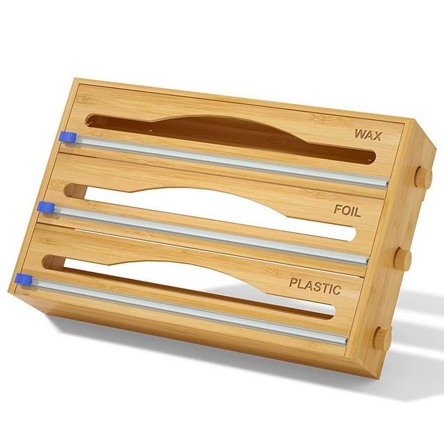 Foil and Plastic Wrap Organizer, 3 in 1 Plastic Wrap Dispenser with Cutter for Kitchen Drawer, Bamboo Roll Organizer Holder for Aluminum Foil and Wax Paper, Compatible with 12" Roll (Bamboo)